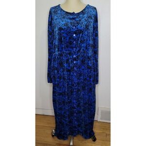 Woman Within Blue Paisley LS Button Front Velvet Veour Maxi Dress 22/24